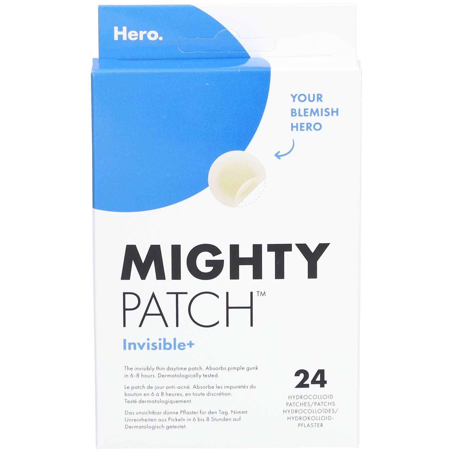 Boîte Mighty Patch Invisible+ de 24 pansements hydrocolloïdes.