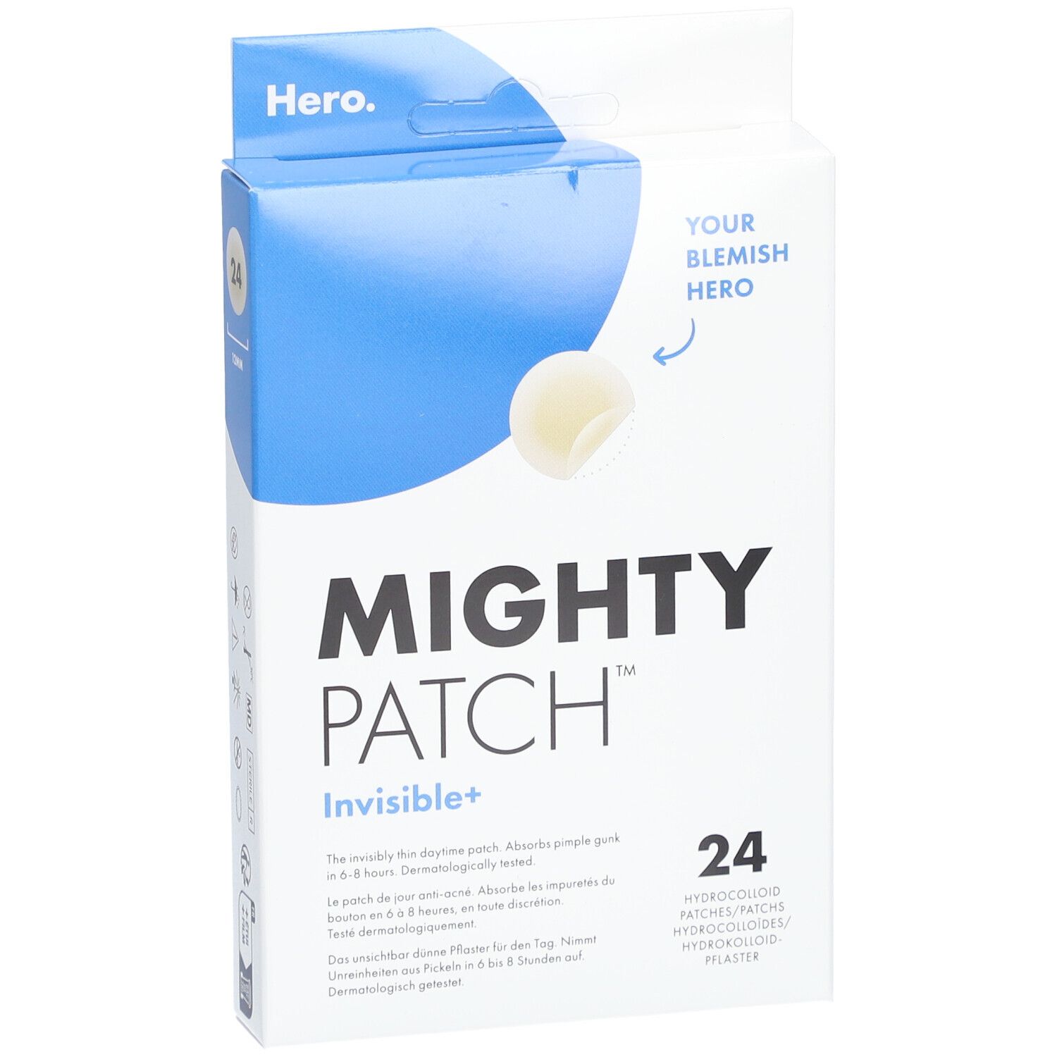Boîte Mighty Patch Invisible+ de 24 pansements hydrocolloïdes.