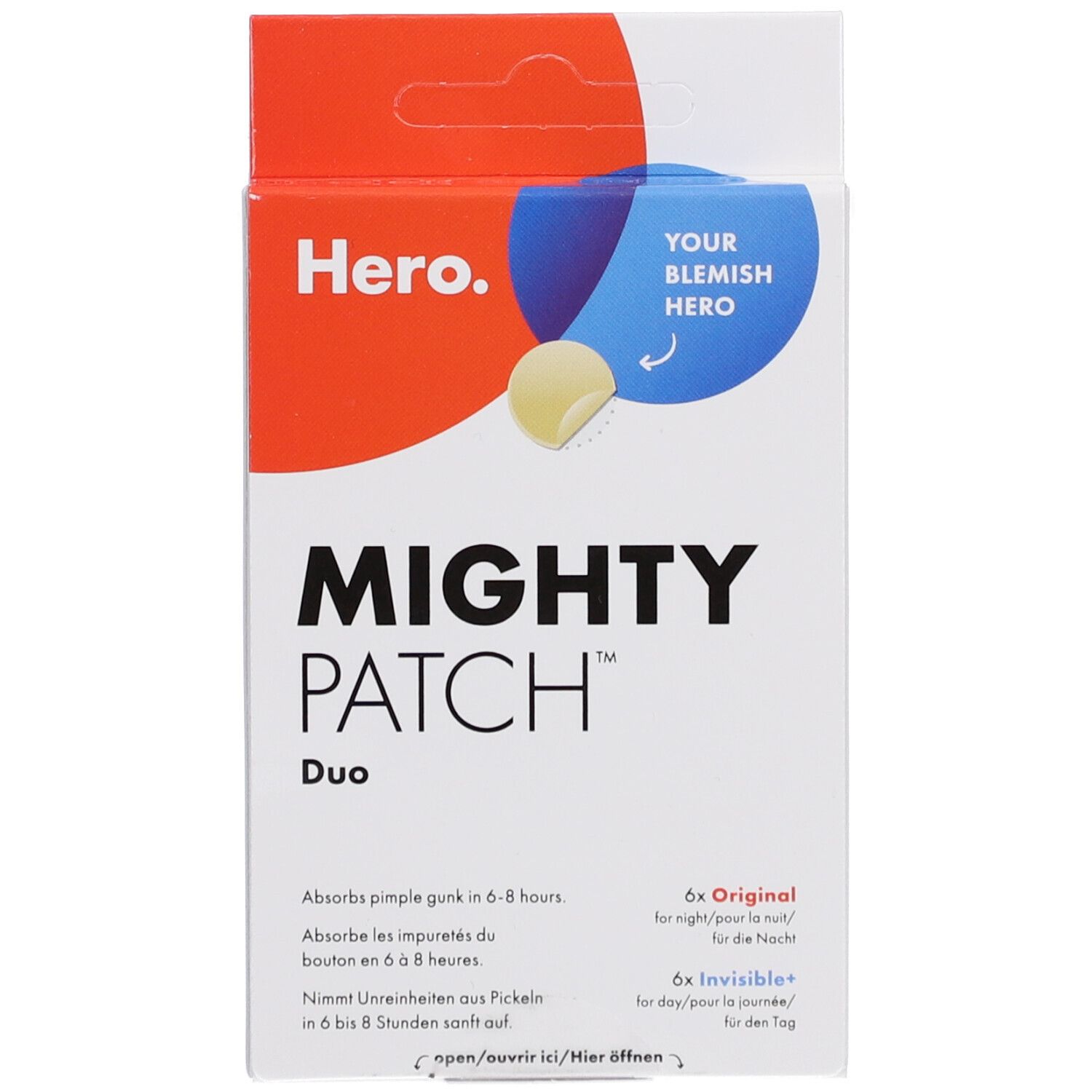 Boîte Mighty Patch Duo. Contient 6 patchs Original et 6 Invisible. Marque Hero. Texte: Absorbe les imperfections en 6-8 heures.