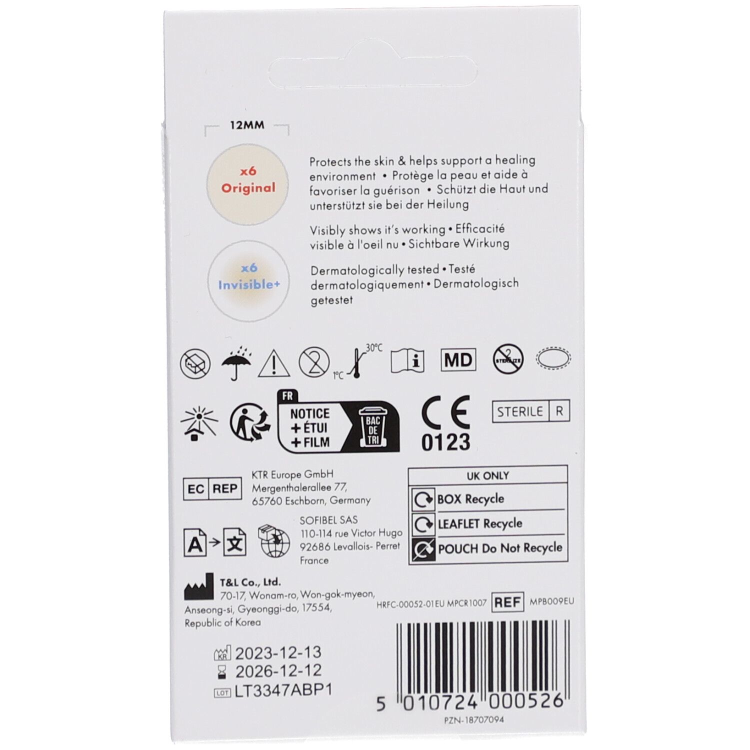 Dos de la boîte Mighty Patch Duo. Contient des informations sur les ingrédients, les instructions et les certifications. Marquage CE.