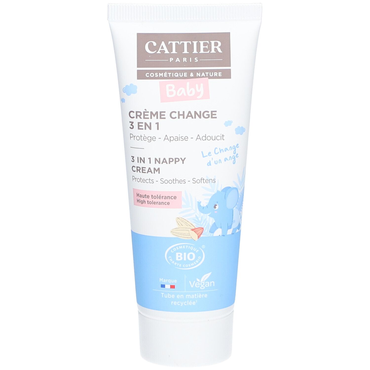 Tube de CATTIER Crème Change 3 en 1. Inscriptions et illustrations. Certifications Bio et Vegan.
