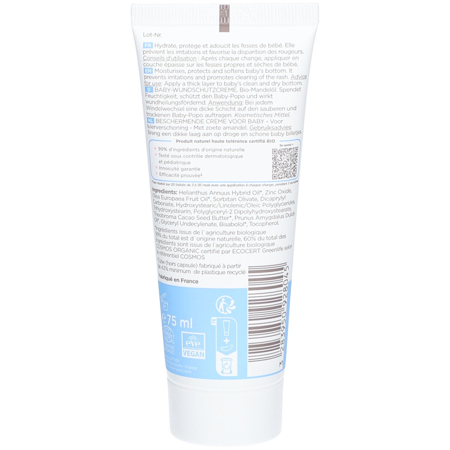 Dos du tube CATTIER Crème Change 3 en 1. Texte, ingrédients, code QR et certification Bio.