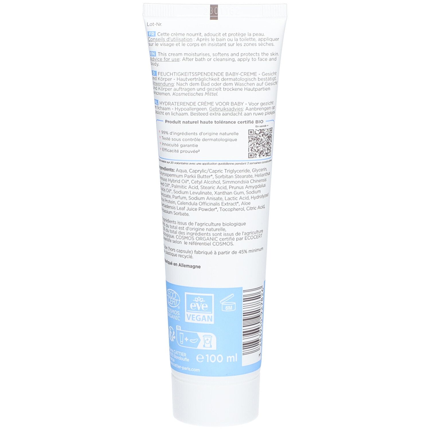 Dos du tube de crème CATTIER Baby. Texte : Crème hydratante bébé. Certification bio, vegan.