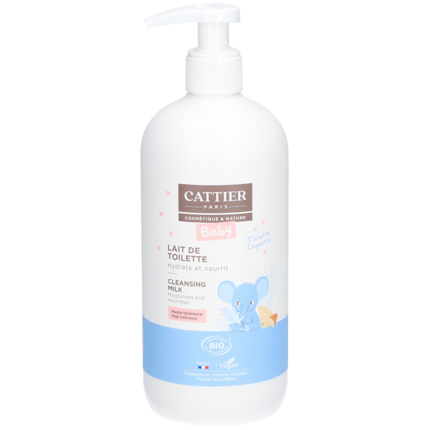 Flacon blanc avec pompe. Inscriptions: CATTIER PARIS, Baby, Lait de toilette, Cleansing Milk. Label bio et illustration.