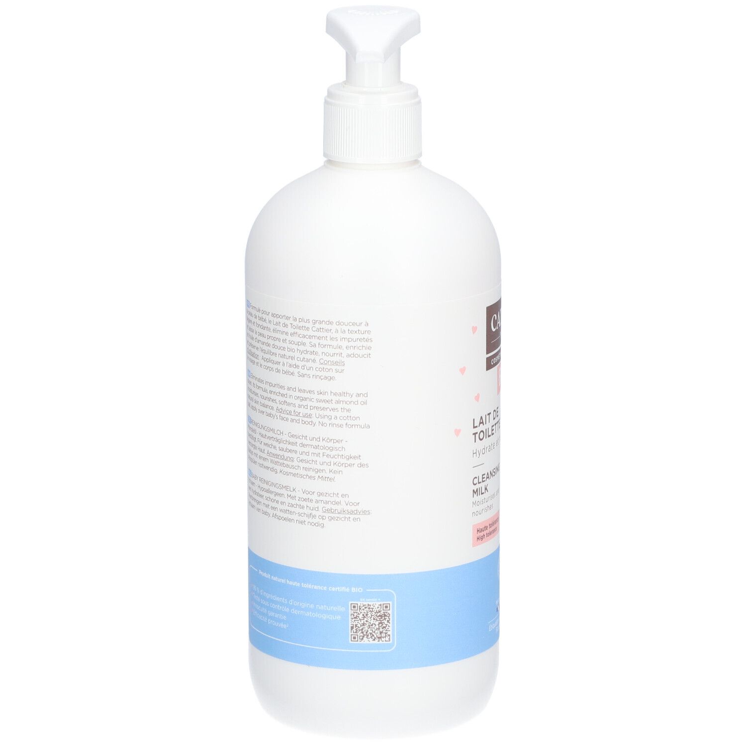 Flacon blanc avec pompe. Dos avec texte. Inscriptions: CATTIER PARIS, Lait de toilette, Cleansing Milk. Code QR.