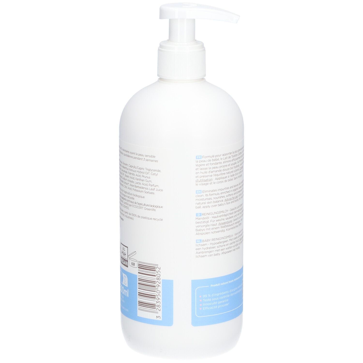 Flacon blanc avec pompe. Dos avec texte. Inscriptions: CATTIER PARIS, Lait de toilette, Cleansing Milk. Code-barres.