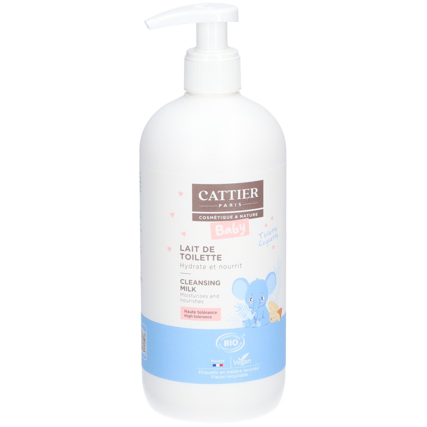 Flacon blanc avec pompe. Inscriptions: CATTIER PARIS, Baby, Lait de toilette, Cleansing Milk. Label bio et illustration.