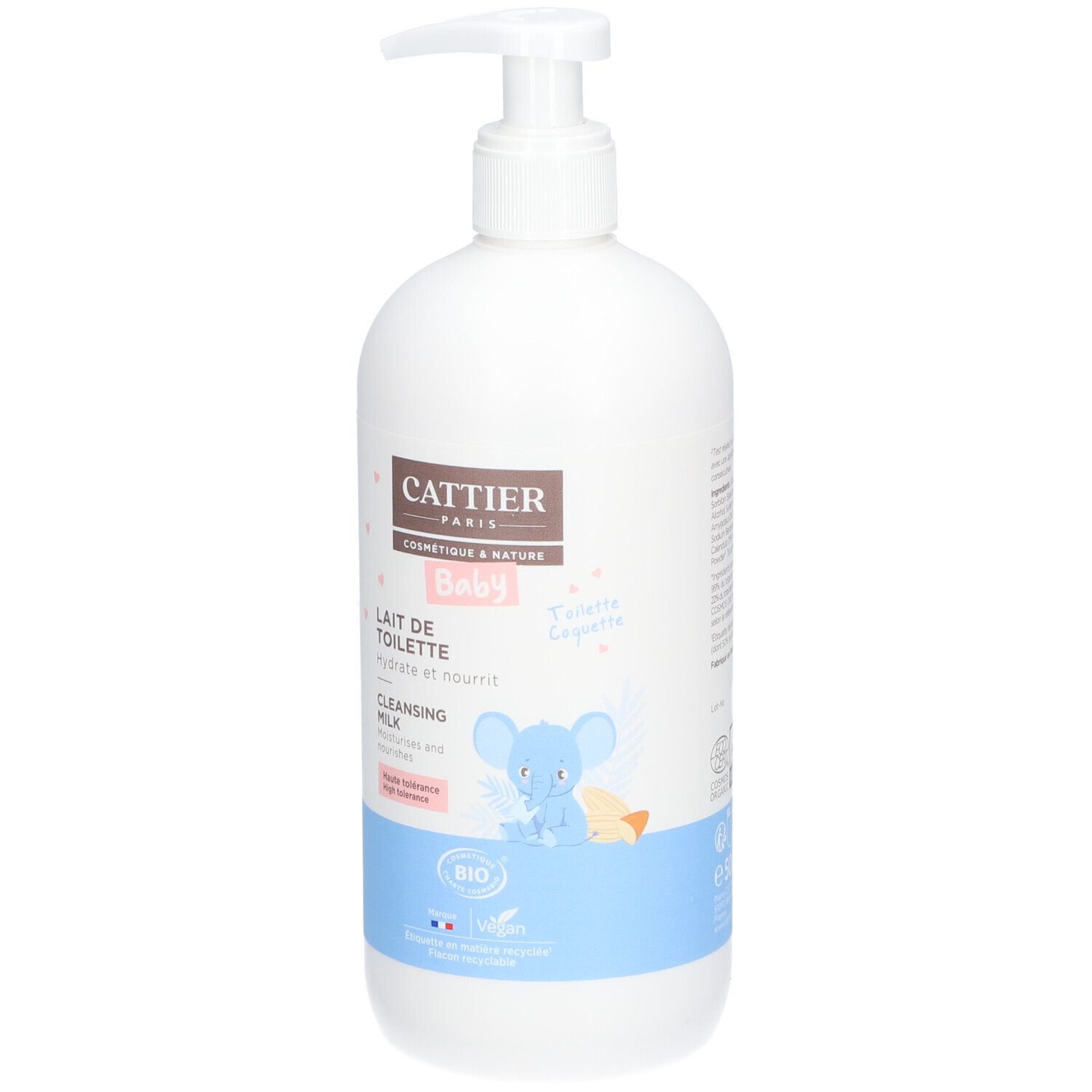 Flacon blanc avec pompe. Inscriptions: CATTIER PARIS, Baby, Lait de toilette, Cleansing Milk. Label bio et illustration.