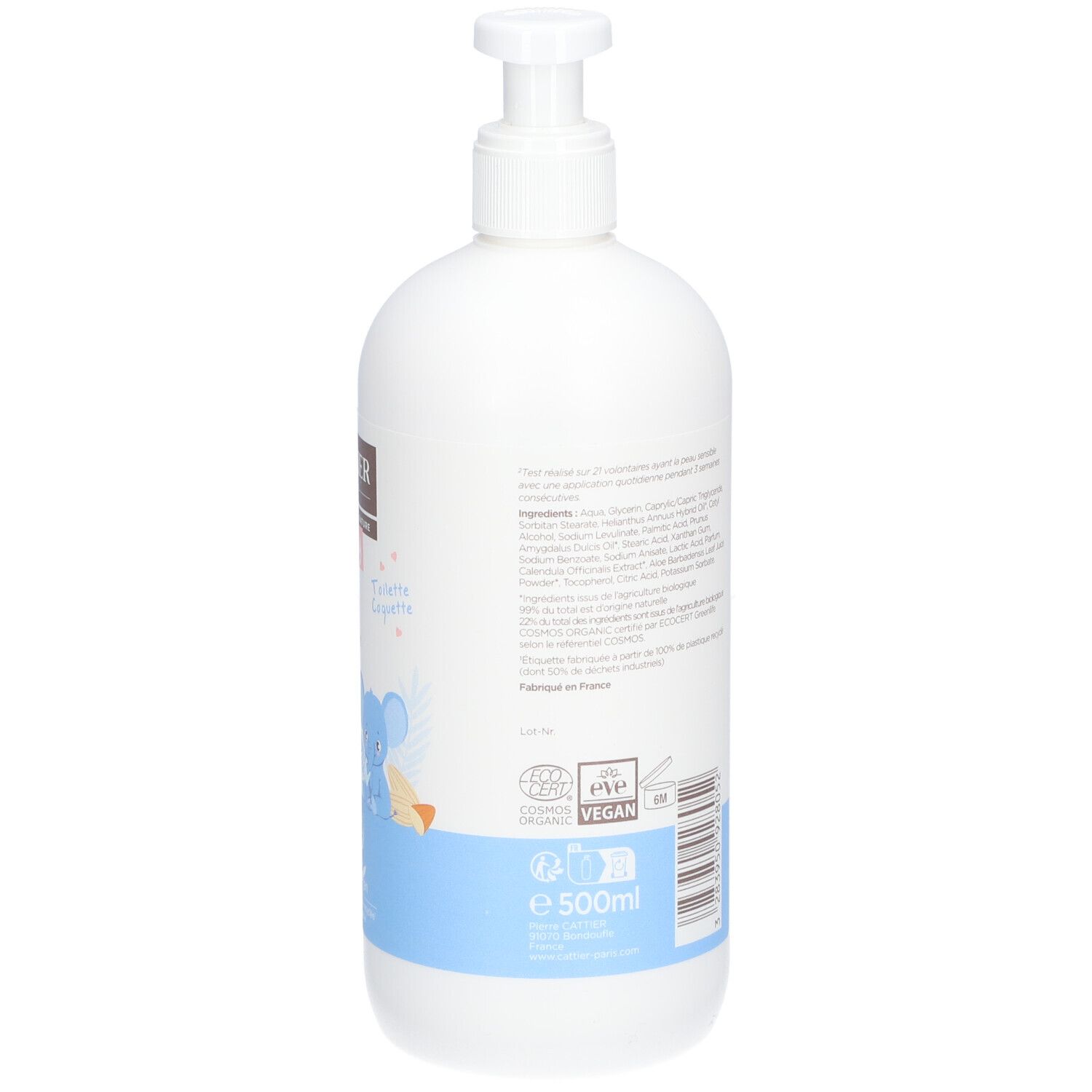 Flacon blanc avec pompe. Dos avec texte. Inscriptions: CATTIER PARIS, Lait de toilette, Cleansing Milk. Label bio, Vegan.