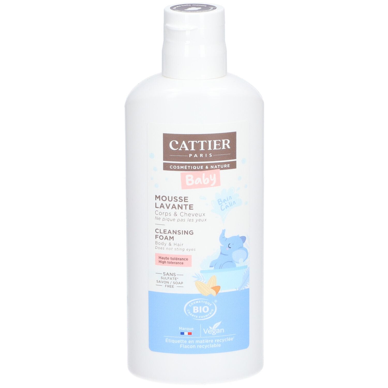 Witte fles CATTIER Baby Mousse lavante. Opschrift: Corps & Cheveux, Cleansing Foam. Bio- en Vegan-logo.