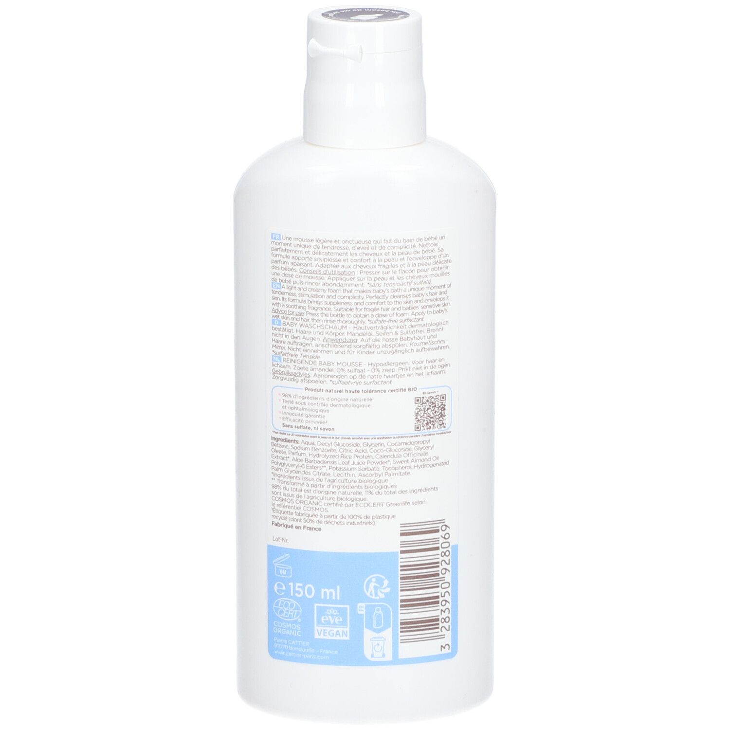 Achterkant witte fles CATTIER Baby Mousse lavante. Tekst met ingrediënten en instructies. Bio- en Vegan-logo.