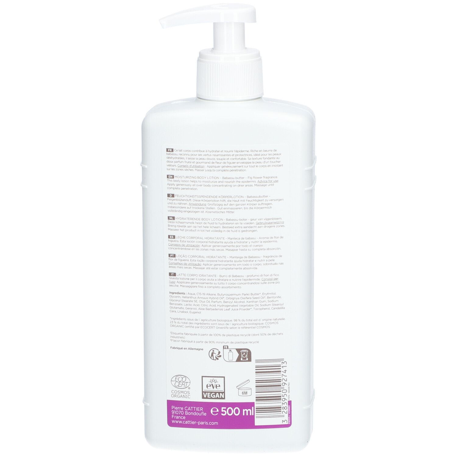Dos d'un flacon blanc avec pompe. Texte multilingue. Logo Bio, logo Vegan. Code-barres et indication de volume.