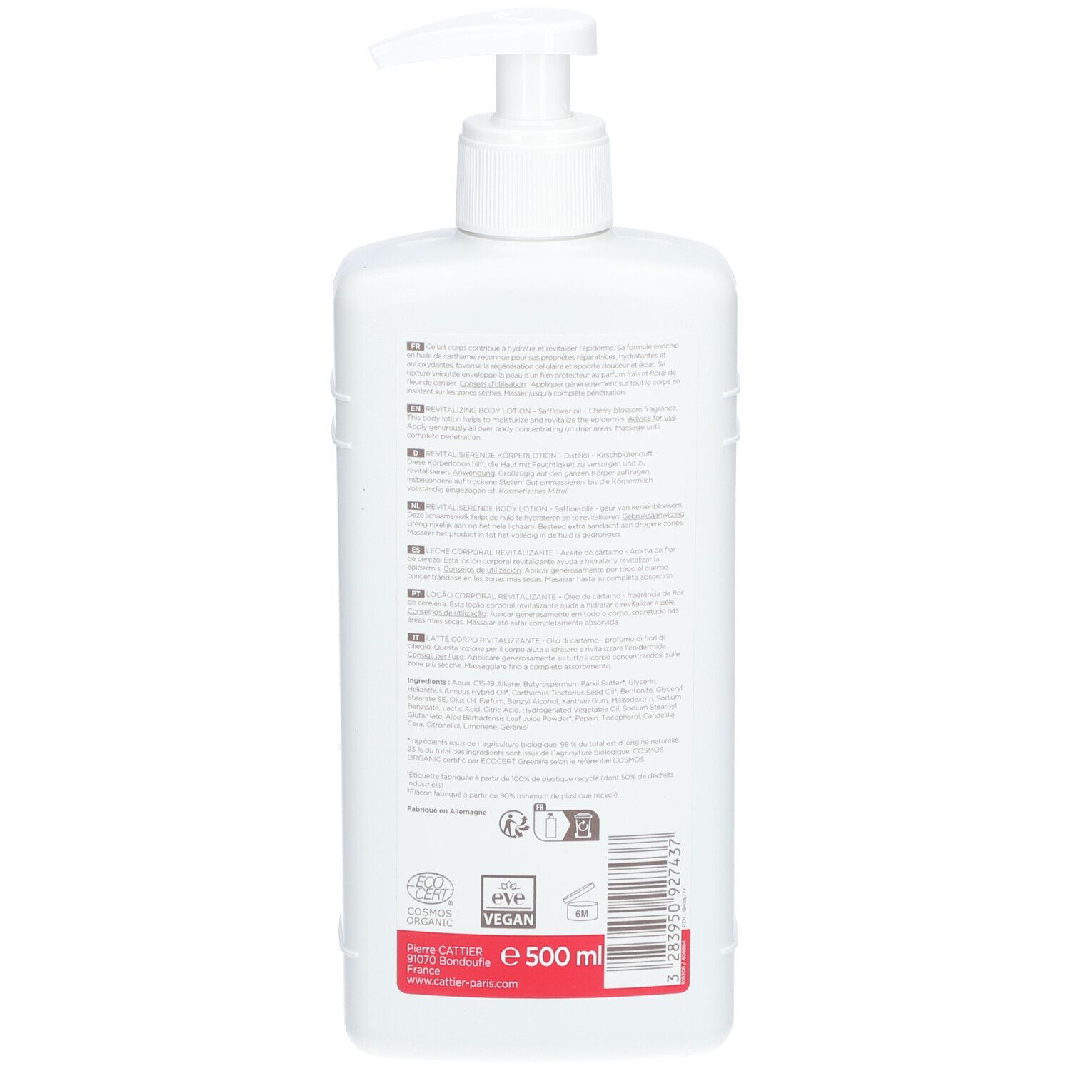 Dos du flacon blanc. Texte multilingue. Label bio, logo vegan et indication 500 ml.