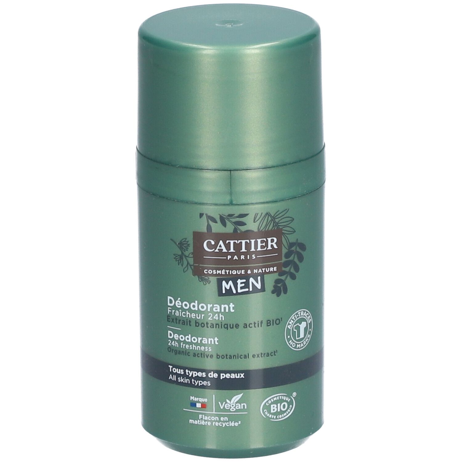Groene roll-on deodorant voor mannen. Opschrift: CATTIER, MEN, Déodorant, 24h Frisse, BIO. Vegan-label.