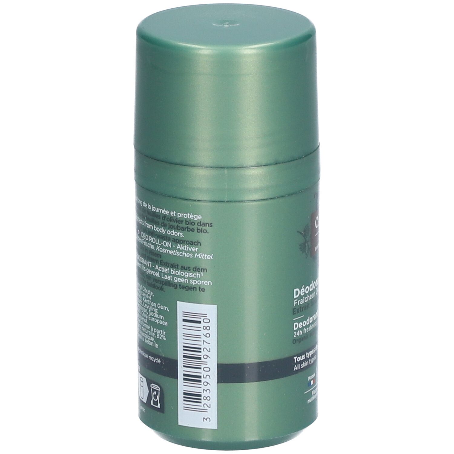 Groene roll-on deodorant voor mannen. Achterkant met tekst en barcode. Vegan-label en BIO-certificering.