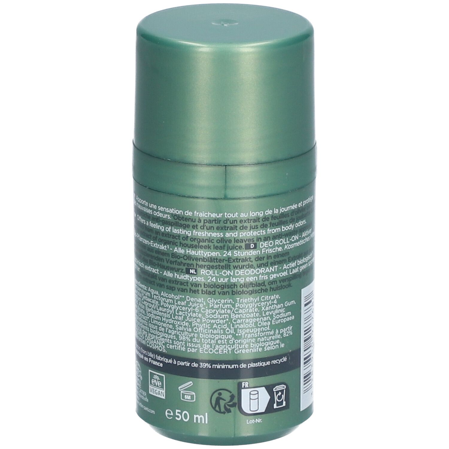 Groene roll-on deodorant voor mannen. Achterkant met tekst, ingrediënten en recyclingsymbolen. BIO-certificering.