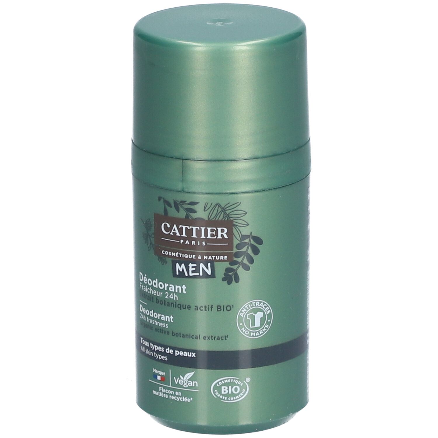 Groene roll-on deodorant voor mannen. Opschrift: CATTIER, MEN, Déodorant, 24h Frisse, BIO. Vegan-label.