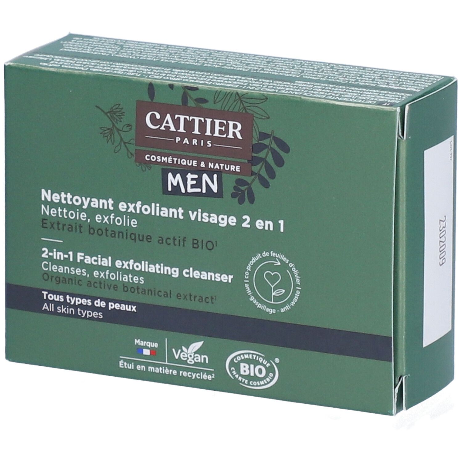Groene doos. Opschrift CATTIER PARIS, MEN, 2-in-1 gezichtsreiniger. Vegan- en Bio-labels.