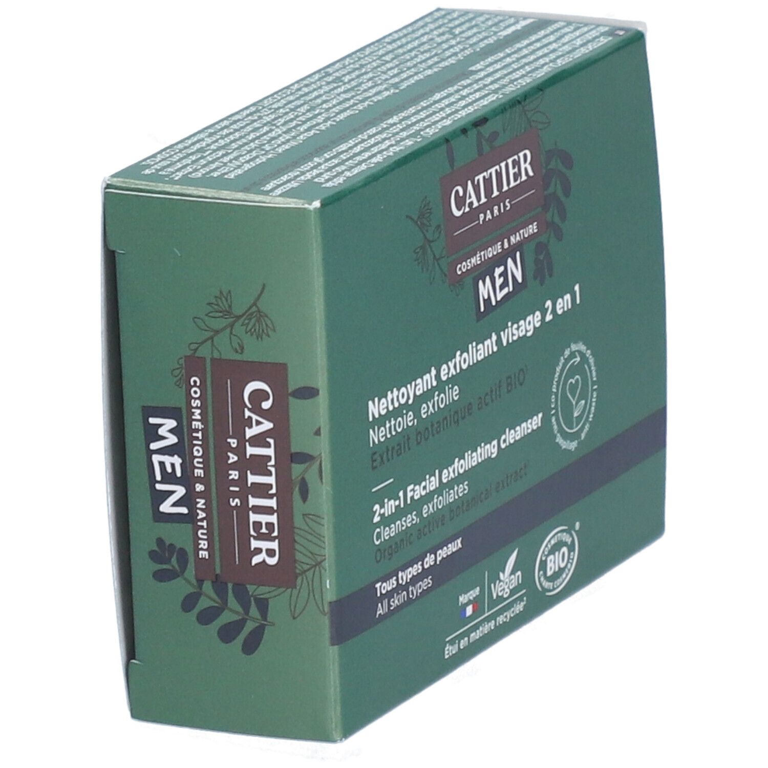 Groene doos schuin. Opschrift CATTIER PARIS, MEN, 2-in-1 gezichtsreiniger. Vegan- en Bio-labels.