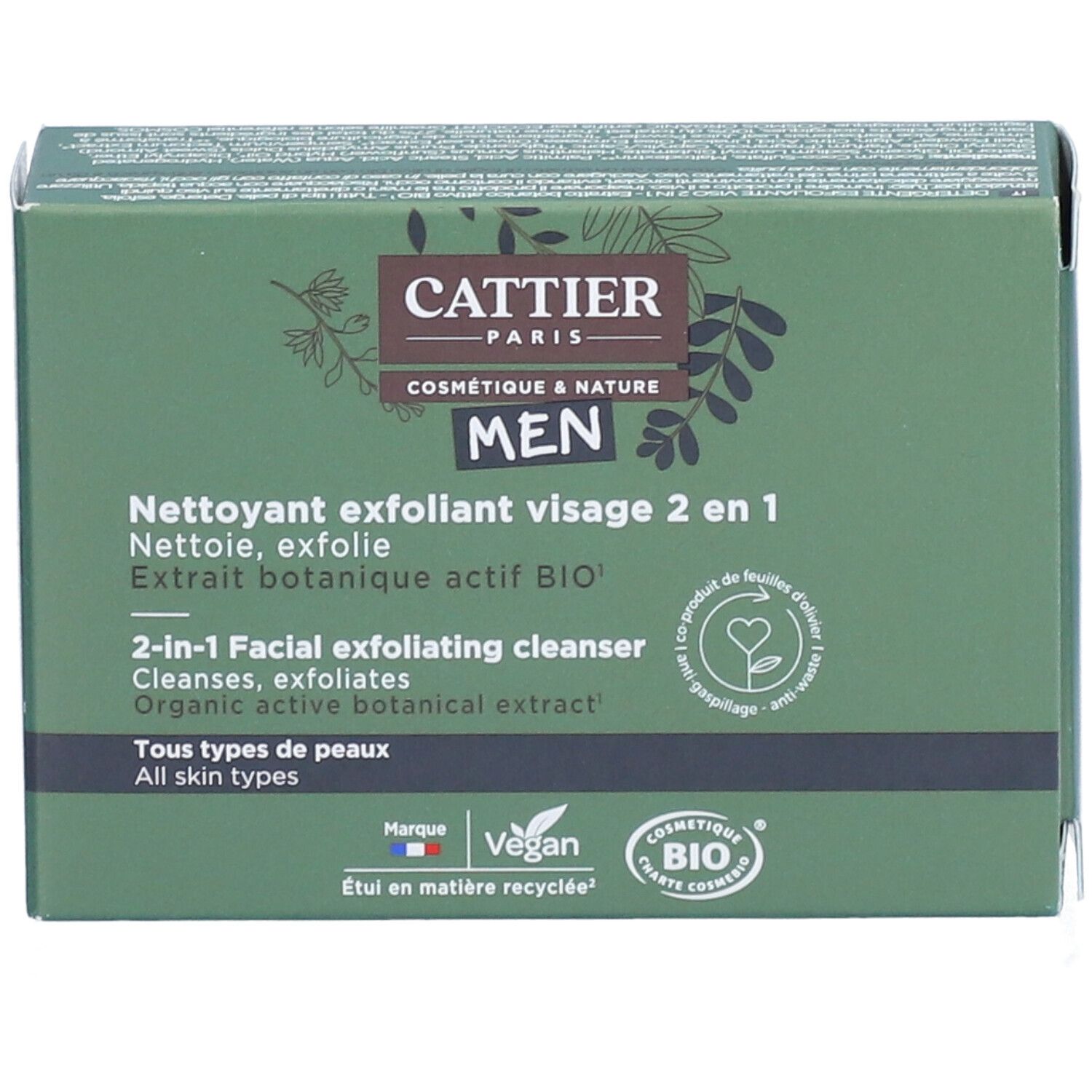 Groene doos. Opschrift CATTIER PARIS, MEN, 2-in-1 gezichtsreiniger. Vegan- en Bio-labels.