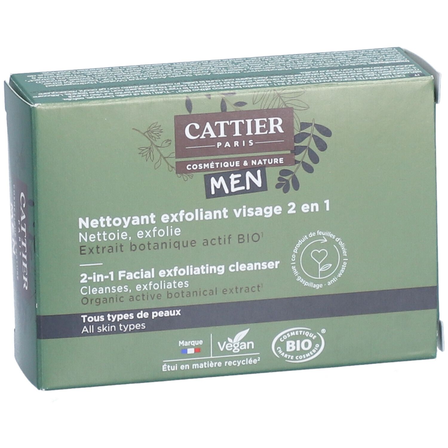 Groene doos. Opschrift CATTIER PARIS, MEN, 2-in-1 gezichtsreiniger. Vegan- en Bio-labels.