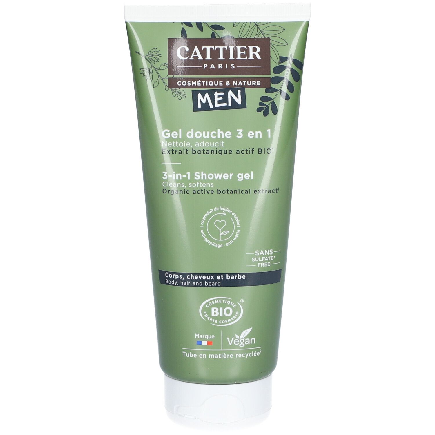 Groene tube met witte dop. Opschrift CATTIER PARIS, MEN, Gel douche 3 en 1. Bio-certificering.