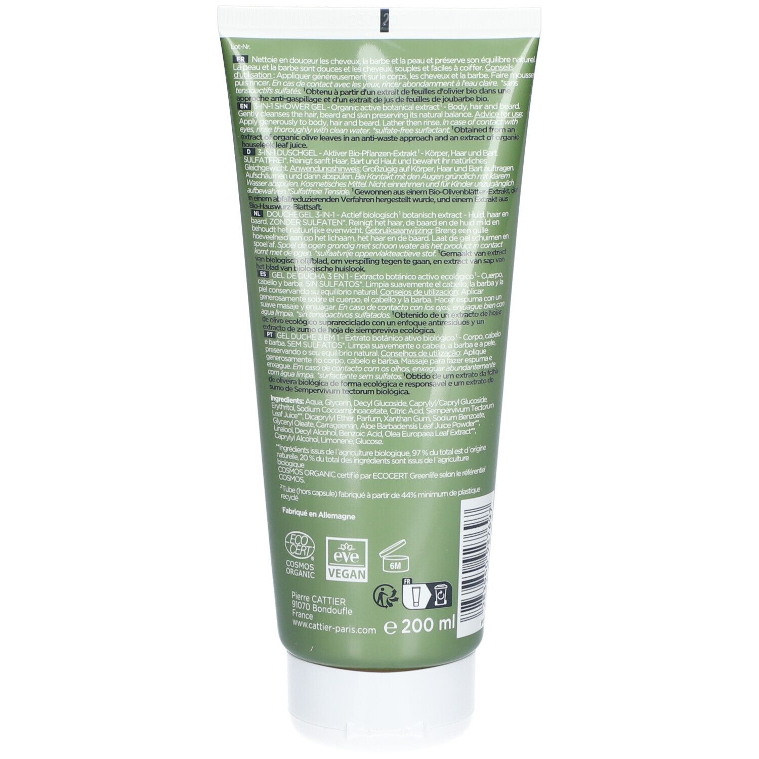 Achterkant van de groene tube. Meertalige tekst. Bio-certificering, Vegan-logo. Volume: 200 ml.