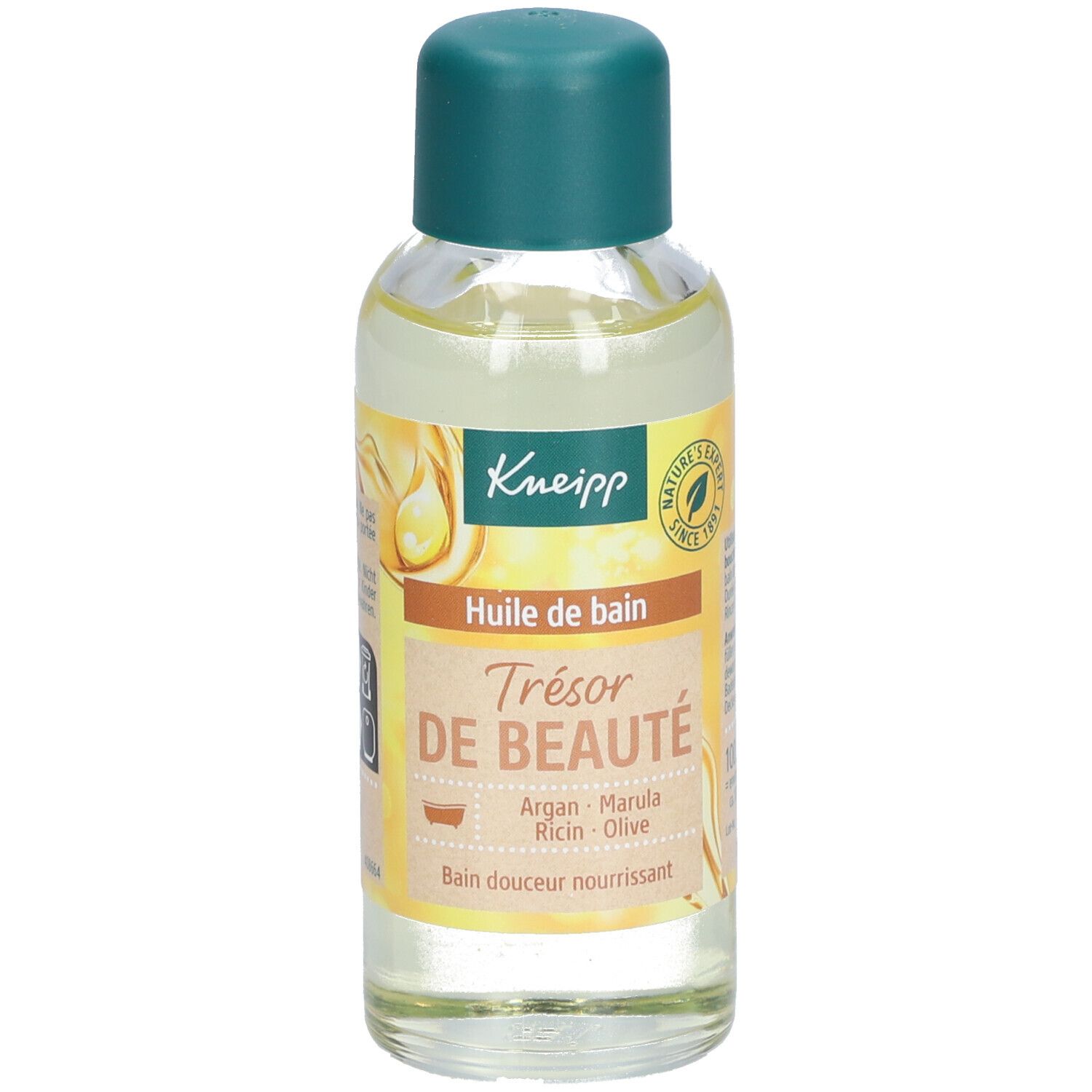 Kneipp Huile de bain fles met groene dop. Opschrift: Trésor de beauté, Argan, Marula, Ricin, Olive.