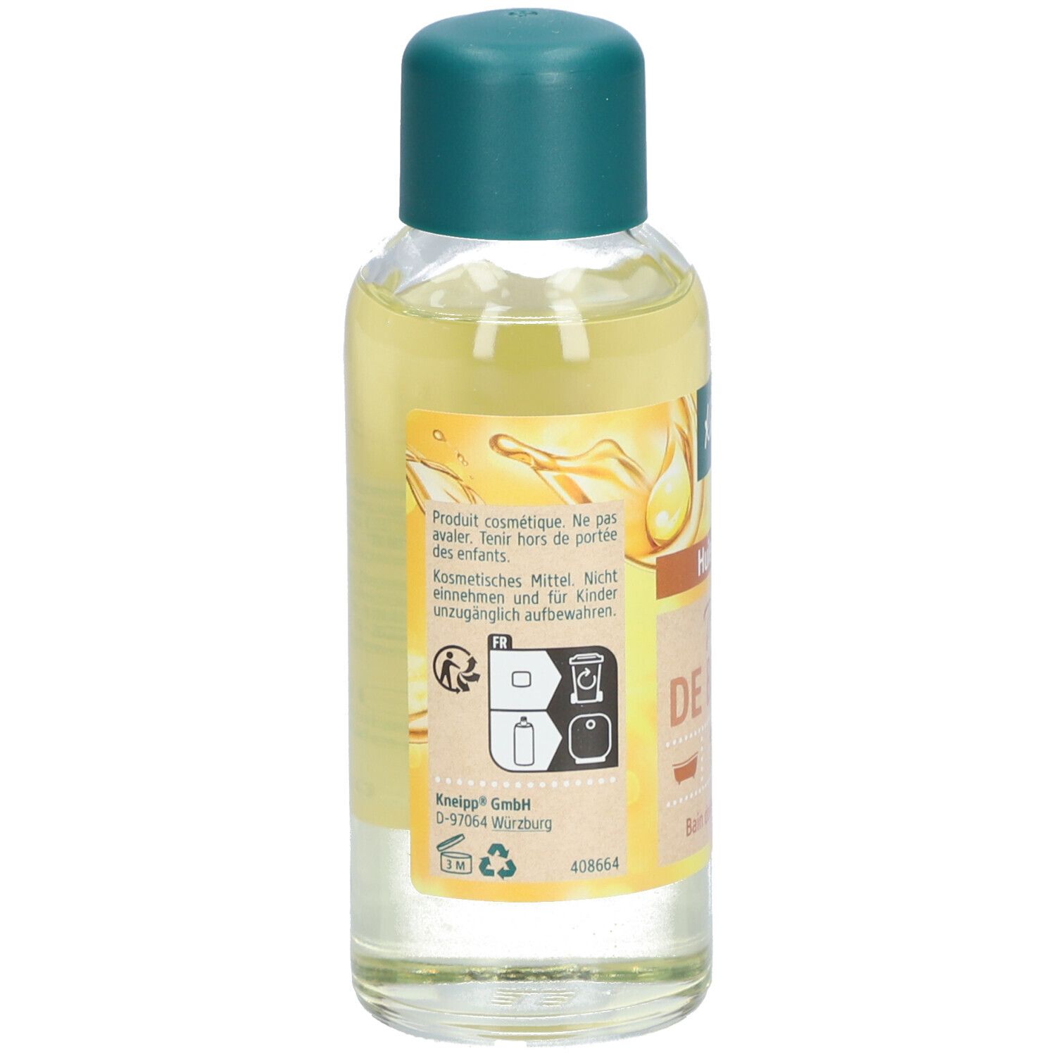 Achterkant van de Kneipp Huile de bain fles. Tekst: Cosmetisch product. Pictogrammen. Fabrikantenadres.