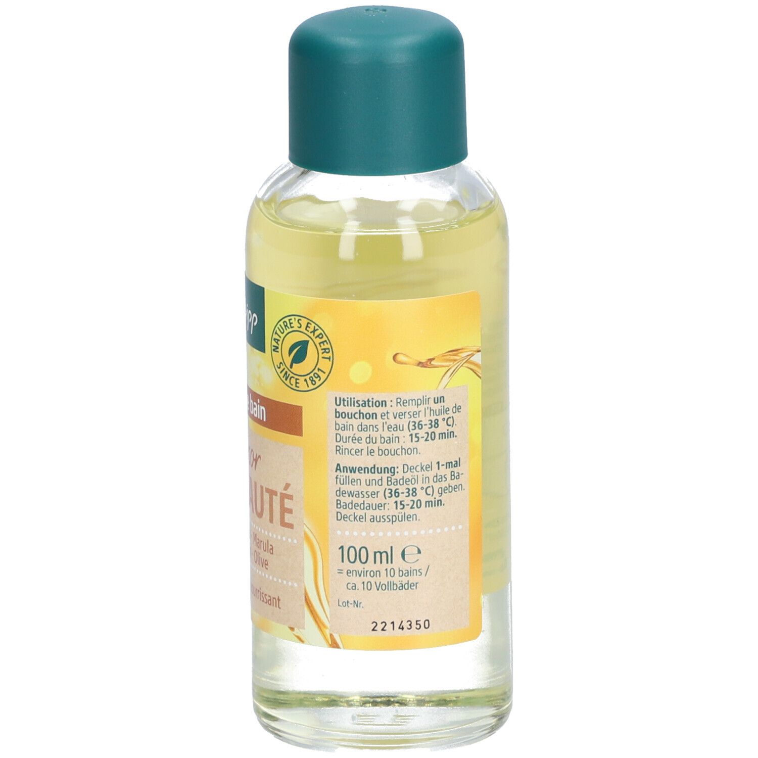 Achterkant van de Kneipp Huile de bain fles. Tekst: Gebruik, 100 ml, ca. 10 baden. Chargenummer.