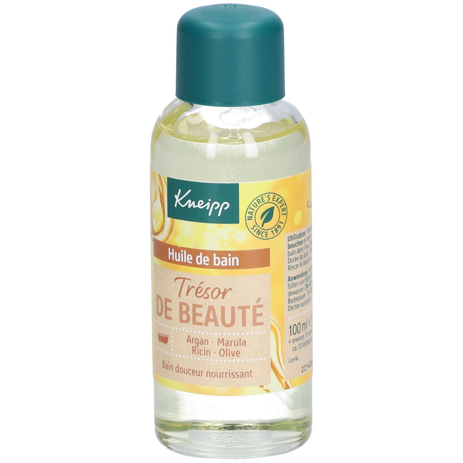 Kneipp Huile de bain fles met groene dop. Opschrift: Trésor de beauté, Argan, Marula, Ricin, Olive. 100 ml.
