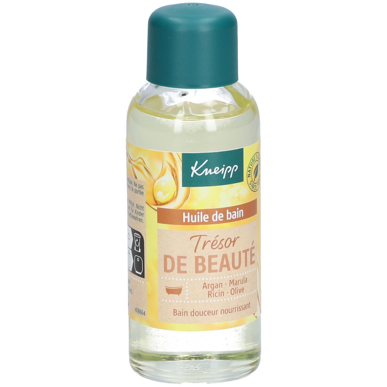 Kneipp Huile de bain fles met groene dop. Opschrift: Trésor de beauté, Argan, Marula, Ricin, Olive.