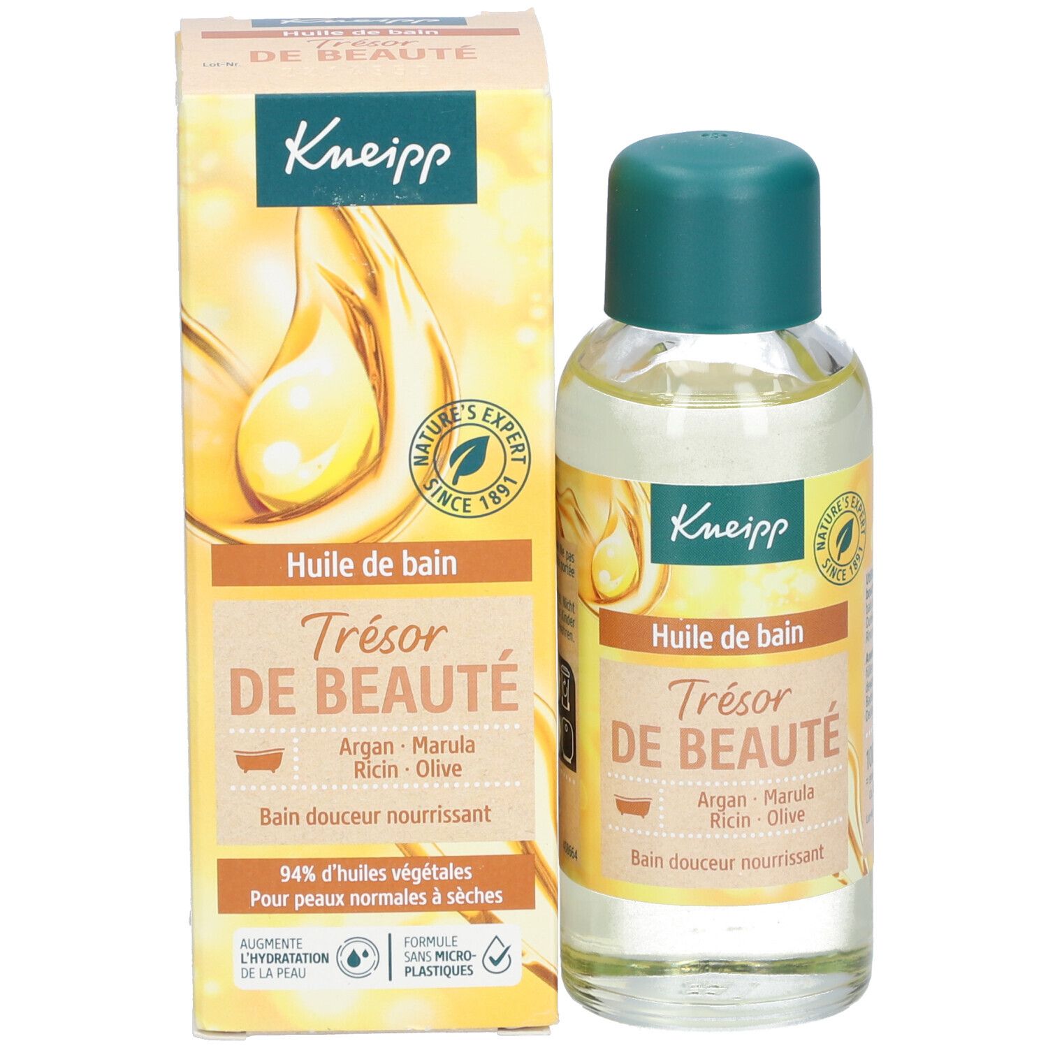 Kneipp Huile de bain fles en verpakking. Opschrift: Trésor de beauté, Argan, Marula, Ricin, Olive. 94% plantaardige oliën.