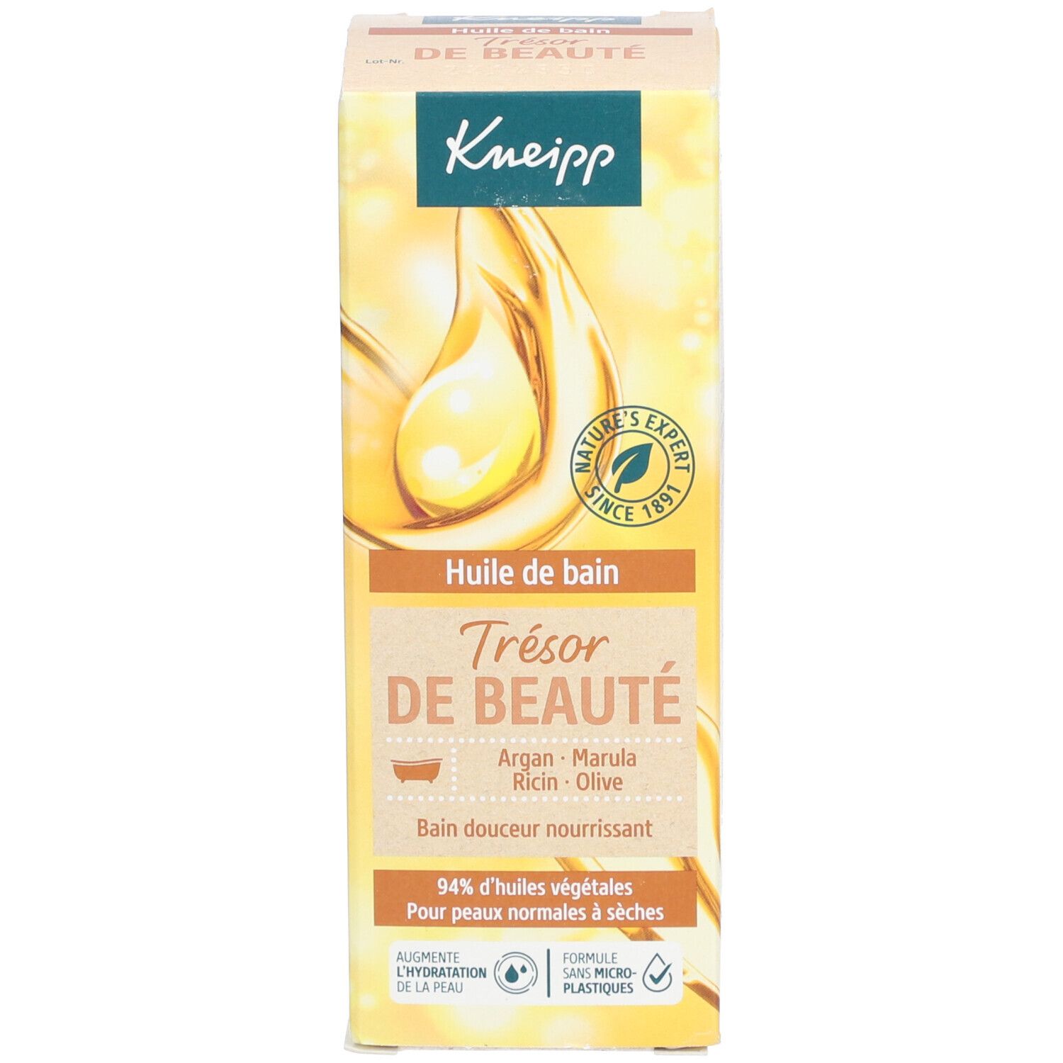 Verpakking van Kneipp Huile de bain. Opschrift: Trésor de beauté, Argan, Marula, Ricin, Olive. 94% plantaardige oliën.