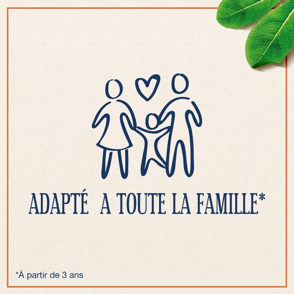 Symbole d'une famille avec un cœur, indiquant 'Adapté à toute la famille'.