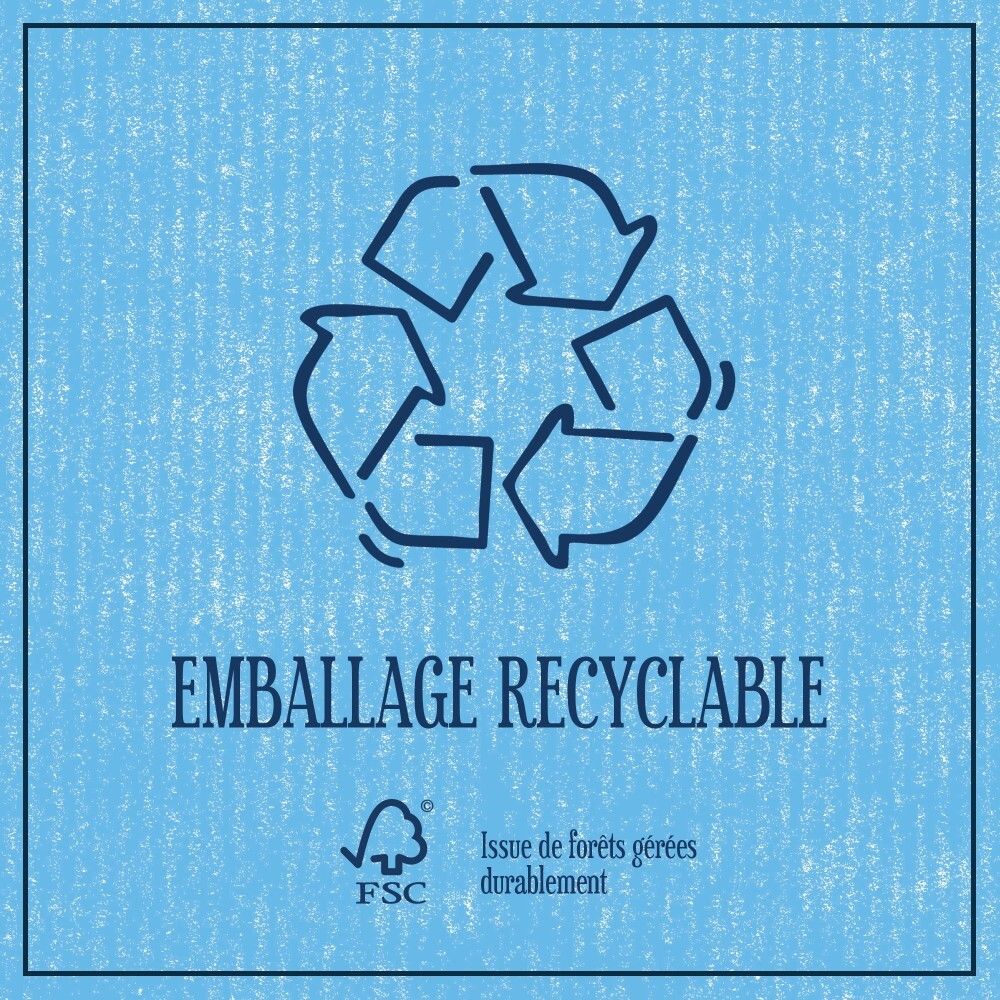 Symbole d'emballage recyclable et certification FSC sur la boîte Le Petit Marseillais.