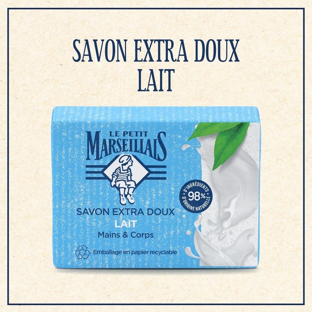 Le Petit Marseillais Savon Extra Doux Lait, Mains & Corps. Emballage avec éclaboussures de lait et feuilles.