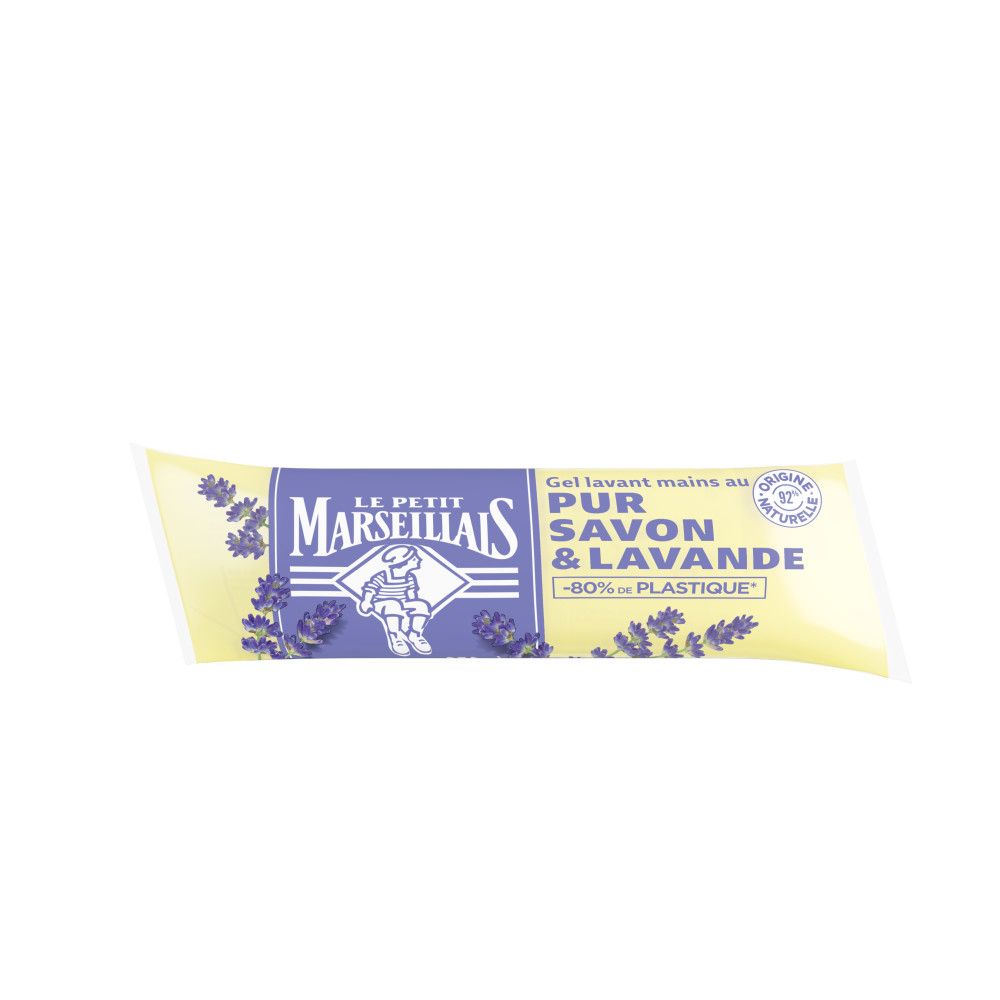 Handwasgel met Pur Zeep & Lavendel. Gele verpakking met paarse accenten. Merk: LE PETIT MARSEILLAIS.