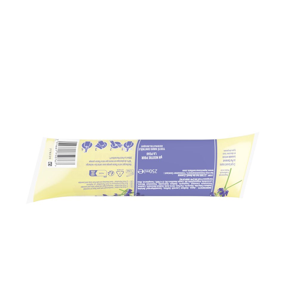 Achterkant van de handwasgel verpakking. Gele verpakking met paarse tekst. Product- en ingrediënten informatie.
