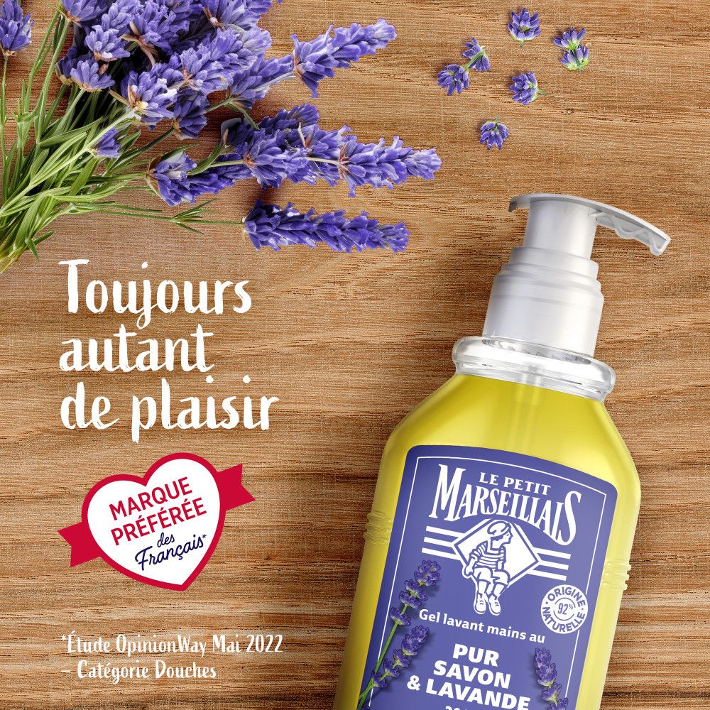 Fles handwasgel met lavendel. Merk: LE PETIT MARSEILLAIS. Tekst: Marque préférée des Français. Categorie Douches.