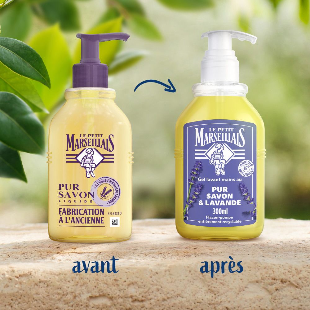 Voor-en-na vergelijking. Links: fles met paarse pomp. Rechts: fles met witte pomp. Merk: LE PETIT MARSEILLAIS.