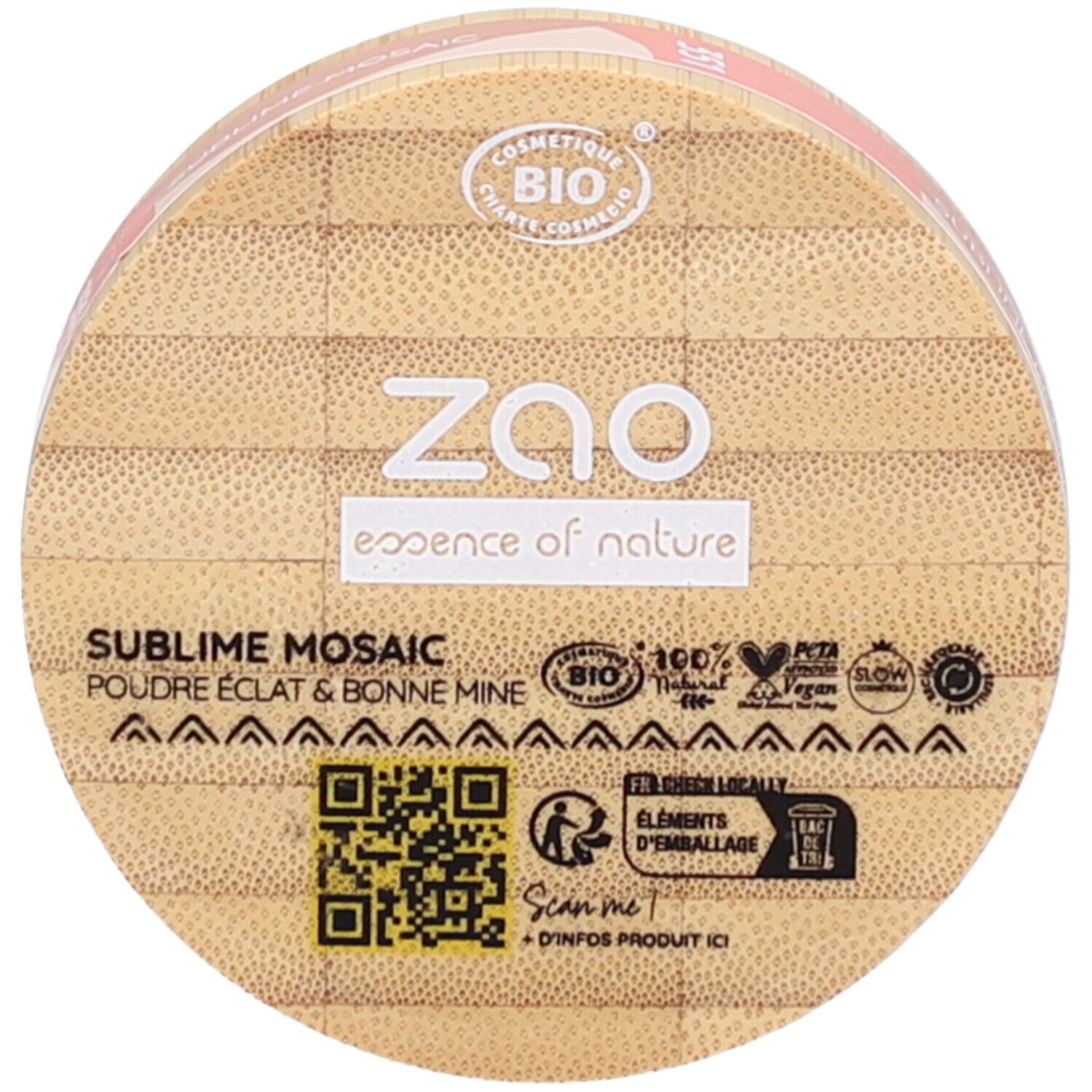 Ronde houder met bamboe patroon. Opschriften: ZAO, SUBLIME MOSAIC, BIO-certificering, QR-code. Roze rand op deksel.