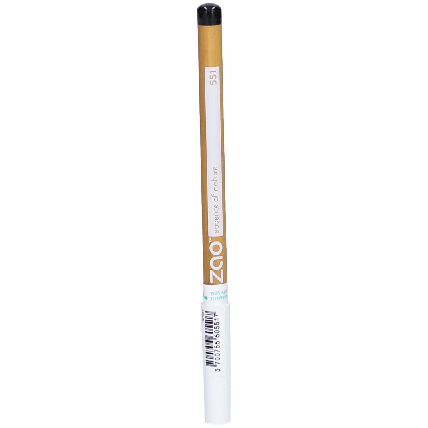 Crayon unique, pointe noire, extrémité blanche. Corps doré avec bande blanche et texte. Marque ZAO et référence 551 visibles.