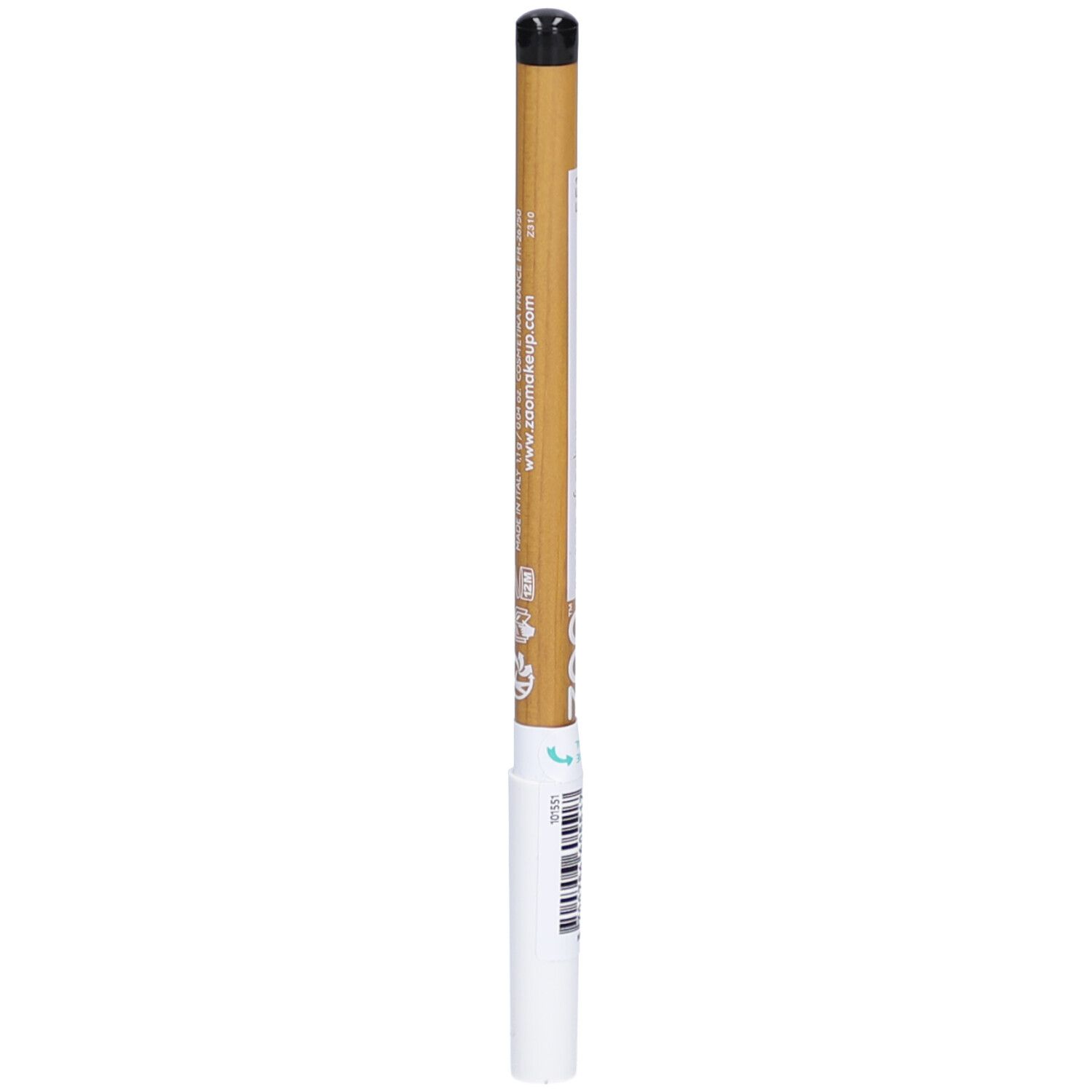 Crayon unique, pointe noire, extrémité blanche. Corps doré avec bande blanche et texte. Marque ZAO et adresse web visibles.