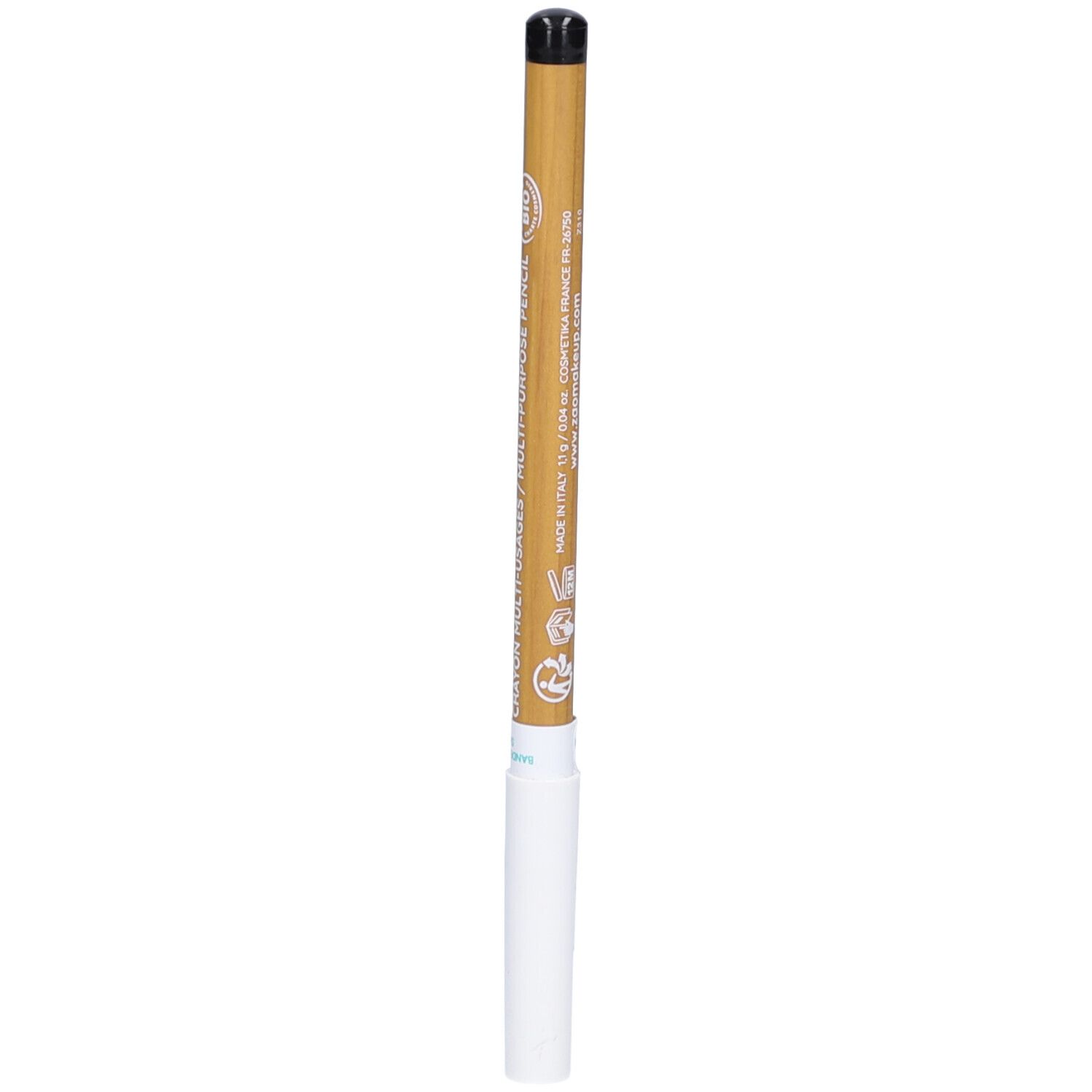 Crayon unique, pointe noire, extrémité blanche. Corps doré avec bande blanche et texte. Fabriqué en Italie.