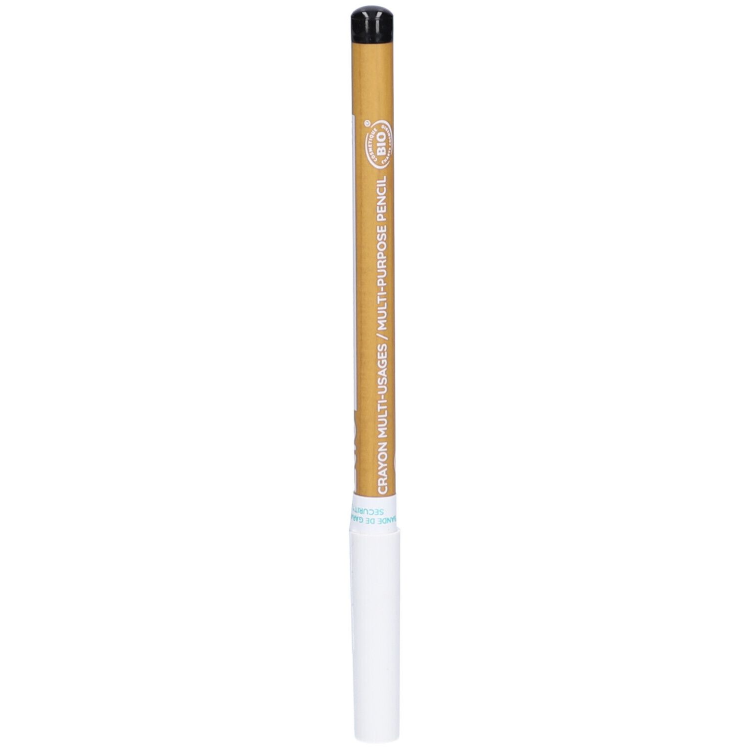 Crayon unique, pointe noire, extrémité blanche. Corps doré avec bande blanche et texte. Certification BIO.