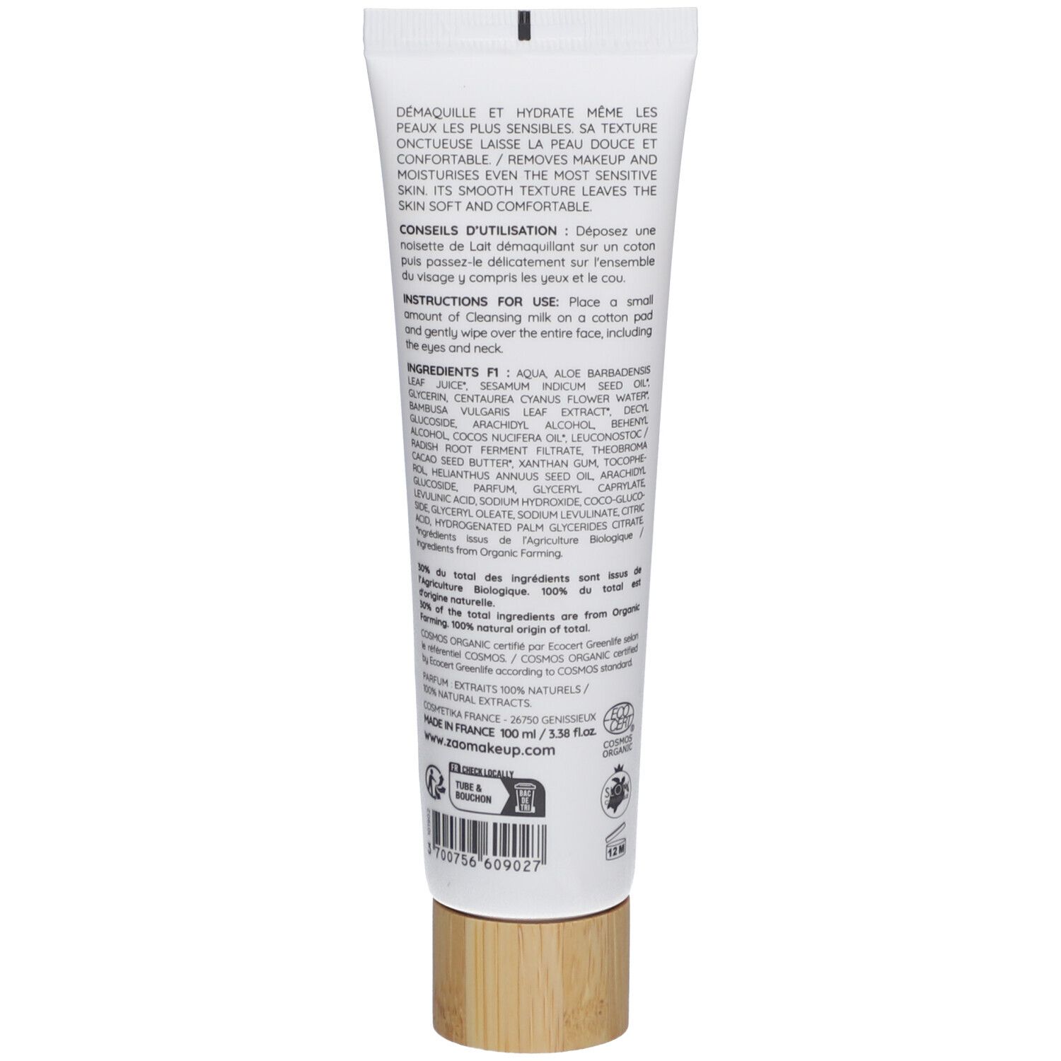 Dos d'un tube blanc. Texte et ingrédients. Bouchon couleur bois. Texte: Conseils d'utilisation, Instructions for use, 100% naturels.
