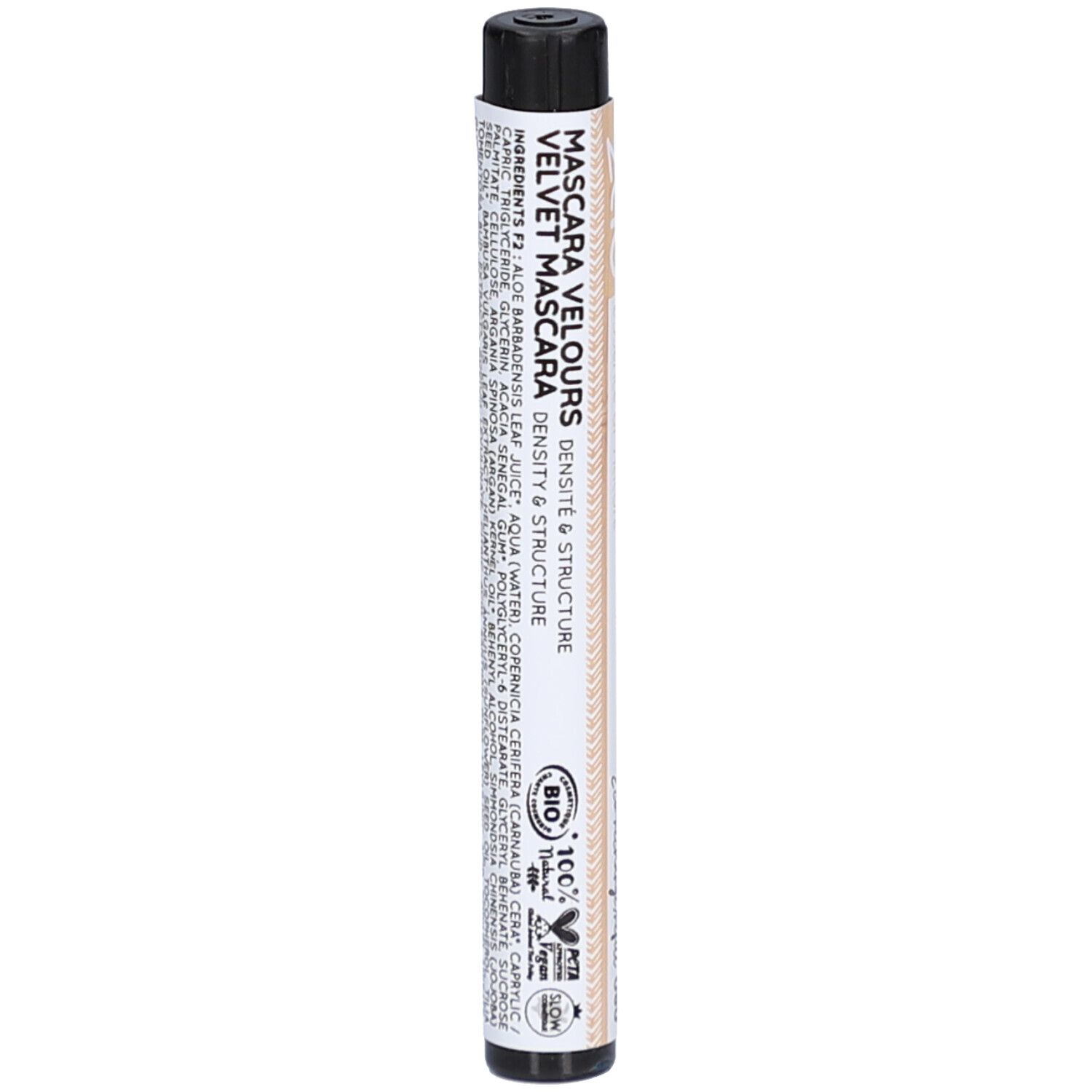 Cilindervormige mascarahuls. Opschrift: MASCARA VELOURS VELVET MASCARA. Met bio-certificering. Ingrediënten en andere informatie.