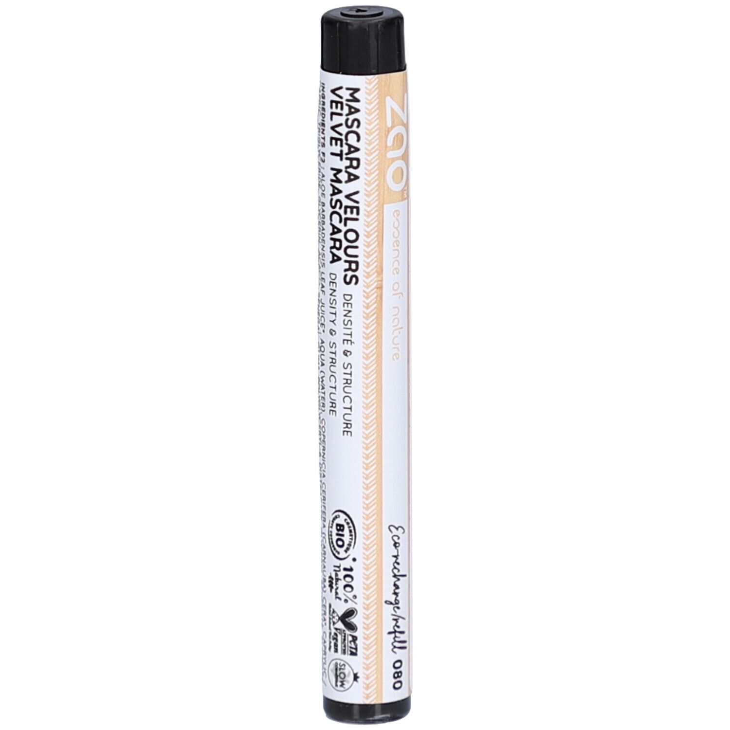 Cilindervormige mascarahuls. Opschrift: ZAO. MASCARA VELOURS VELVET MASCARA. Met bio-certificering. Kleurcode 080.
