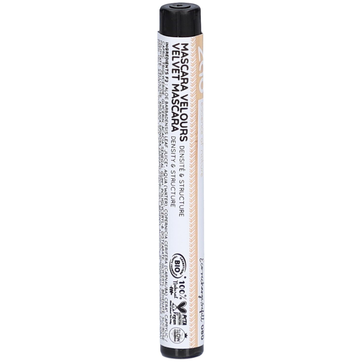 Cilindervormige mascarahuls. Opschrift: ZAO VELOURS VELVET MASCARA. Met bio-certificering. Kleurcode 080. Meer informatie.
